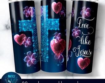 Christian Valentine Tumbler Wrap, Love Like Jesus tumbler, 20 oz Skinny Design, Cross, Hearts and Flowers, Sublimation PNG, Digital Download