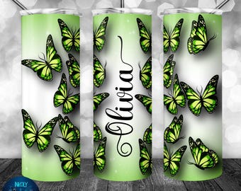Personalized Green Butterfly Tumbler Wrap, 20 oz Skinny Sublimation Design, Custom Name, Lime Mint Gradient Background PNG, gift for her