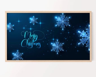 Christmas Samsung Frame TV Art. Glowing snowflakes and Merry Christmas Greeting on dark blue background digital download. Holiday decor art