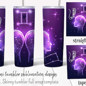 Puede incluir: Una plantilla de diseño de sublimación para un vaso skinny de 20 onzas con un signo del zodíaco Géminis morado y rosa con estrellas sobre un fondo morado oscuro. El diseño se muestra en un vaso de pared recta y cónico.