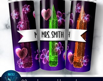 Personalized Teacher Tumbler Wrap, 20 oz Skinny Design, Pencils tumbler png, Custom Name tumbler, Teacher Name Template,  Sublimation PNG