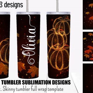 Autumn/fall tumbler sublimation designs. Maple leaves and pumpkins  20 oz straight or tapered skinny tumblers full wrap templates.