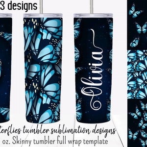 Blue Butterfly  tumbler sublimation designs.  20 oz skinny tumbler  full wrap templates