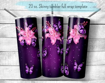 Flowers and butterflies purple  sublimation tumbler design. Purple butterfly and lily flowers png for download. 20oz skinny tumbler wrap.