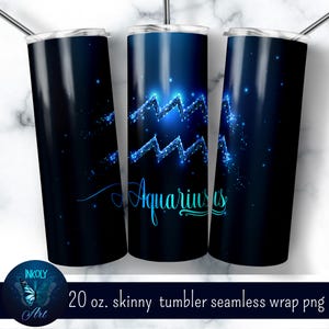Aquarius zodiac sign tumbler sublimation design.  20 oz skinny tumbler  full wrap png templates with straight and tapered walls