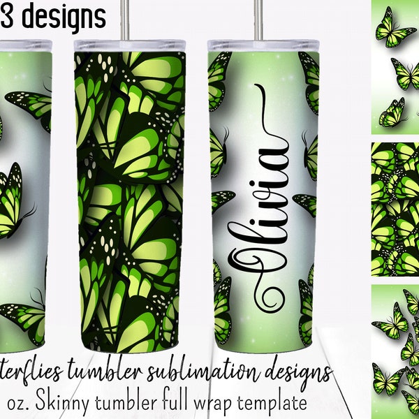 Green Butterfly  tumbler sublimation designs.  20 oz skinny tumbler  full wrap templates