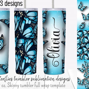Blue Butterfly  tumbler sublimation designs.  20 oz skinny tumbler  full wrap templates