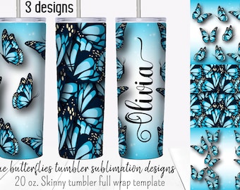 Diseños de sublimación de vaso Blue Butterfly.  Plantillas de envoltura completa de vaso delgado de 20 oz