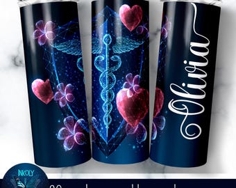 Vaso de enfermera de San Valentín, envoltorio de vaso médico personalizable, agregar nombre, símbolo de caduceo, diseño delgado de 20 oz, PNG de sublimación personalizado