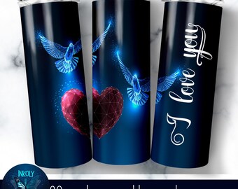 Valentine’s Day Tumbler Wrap, 20 oz Skinny Design, Doves and Glowing Heart, Sublimation PNG, Customizable I Love You png, digital download