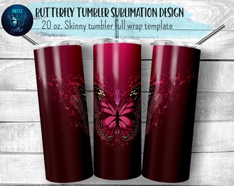 Red butterfly tumbler sublimation design. Glowing  burgundy butterfly tumbler wrap. 20 oz skinny tumbler full wrap png file for download