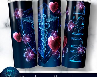 Nurse Tumbler Wrap, 20 oz Skinny Design, Nurse Valentine tumbler, Glowing medical tumbler, Caduceus png, Sublimation PNG, Valentine Gift