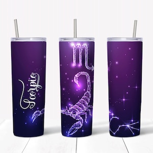 May include: Three stainless steel tumblers with a purple and blue gradient background. The tumblers feature a constellation design with a scorpion and the word "Scorpio".