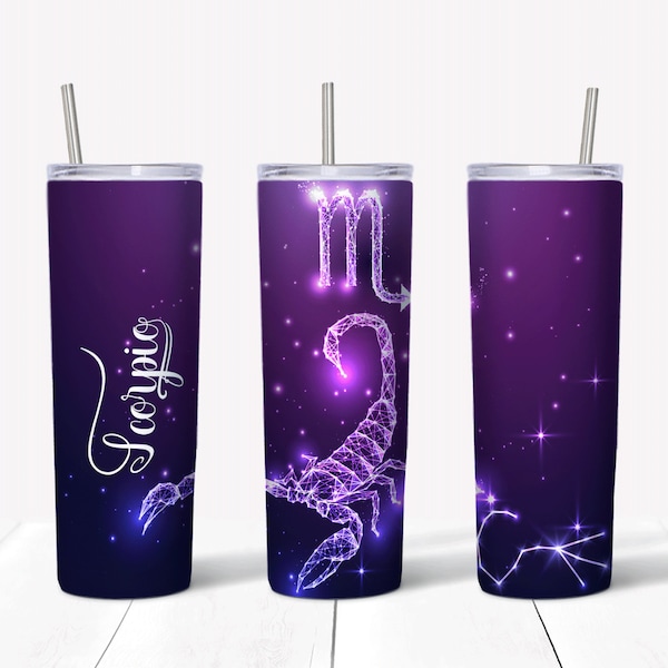 Scorpio  zodiac sign tumbler sublimation design.  20 oz skinny tumbler  full wrap png templates with straight and tapered walls