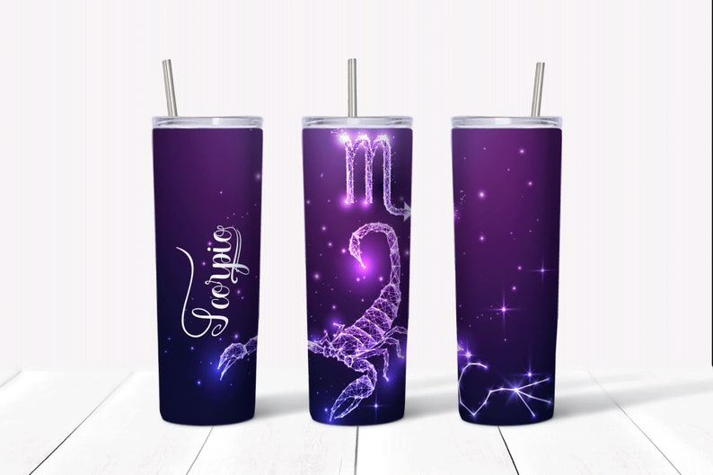 May include: Three stainless steel tumblers with a purple and blue gradient background. The tumblers feature a constellation design with a scorpion and the word "Scorpio".
