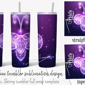 May include: A sublimation design template for a 20 ounce skinny tumbler featuring a purple and pink Aries zodiac sign with a starry background. The design is shown on both a straight wall and tapered tumbler.
