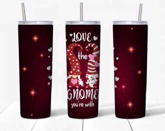 Valentine's Gnomes tumbler sublimation design. Love gnome png. 20 oz straight and tapered skinny tumbler  full wrap templates