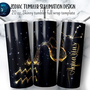 Aquarius zodiac tumbler wrap. Gold zodiac symbols on black tumbler sublimation design. 20 oz skinny tumbler png file for download.