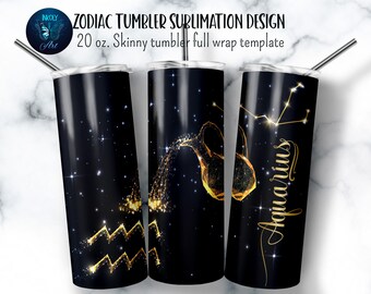 Aquarius zodiac tumbler wrap. Gold zodiac symbols on black tumbler sublimation design. 20 oz skinny tumbler png file for download.