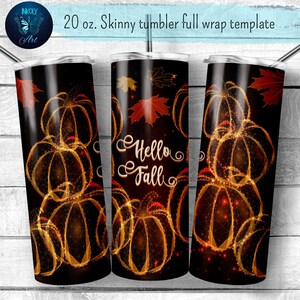 Hello fall tumbler sublimation design. Glowing pumpkins and maple leaves 20 oz  skinny tumblers full wrap png file for download.
