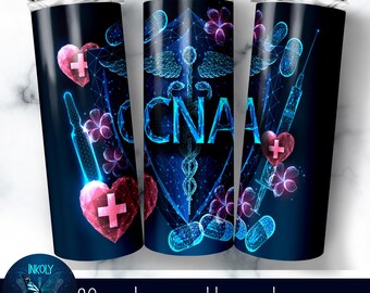 CNA Tumbler Wrap,  Certified Nursing Assistant tumbler, 20 oz Skinny Sublimation, Glowing Caduceus, Nurse design, Dark Blue PNG, download