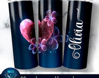 Personalized Valentine’s Day Tumbler Wrap Design, Glowing Red Heart and Flowers, Sublimation PNG, Customizable Gift Wrap Download