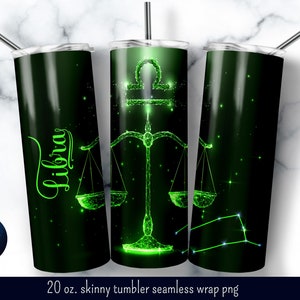Opakowanie na kubek Libra Zodiac. Zielony kubek z sublimacją. 20-uncjowy chudy kubek png do pobrania.