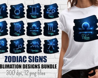 Zodiac signs  sublimation designs bundle. 12 png files.  Designs for t-shirts, mugs, png files for download.