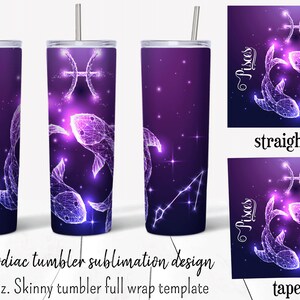 Projekt sublimacji na szklance ze znakiem zodiaku Ryby. 20-uncjowy, wąski kubek w całości owinięty w szablony png z prostymi i zwężanymi ściankami