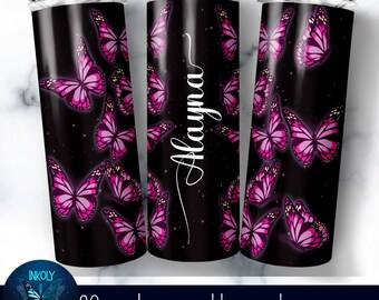 Personalized Pink Butterfly Tumbler Wrap, 20 oz Skinny Sublimation Design, Custom Name, Fuchsia & Rose on Black Background, PNG Gift for Her