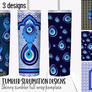 Op de afbeelding: Drie sublimatieontwerpen voor 20 ounce slanke bekers met blauwe en witte boze oogpatronen. De ontwerpen omvatten een enkel boze oog met geometrische patronen, een herhalend boze oogpatroon en een enkel boze oog met een geometrisch frame.