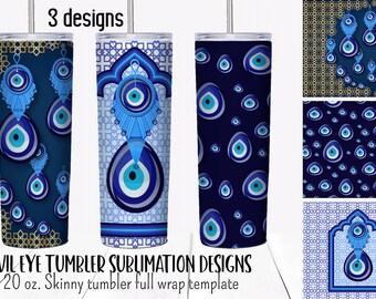 3 Evil eye tumbler sublimation designs. Turkish eye, nazar, boncuck tumbler wrap.  20 oz skinny tumbler  full wrap png files for download.