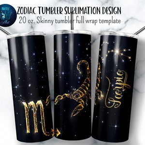 Scorpio zodiac tumbler wrap. Gold zodiac symbols on black tumbler sublimation design. 20 oz skinny tumbler png file for download.
