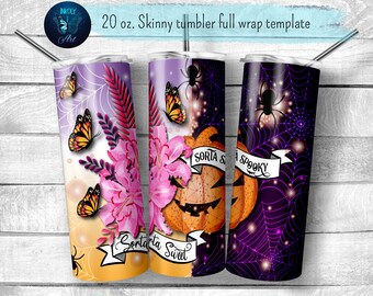 Sorta sweet Sorta spooky Halloween tumbler sublimation design. Pumpkin and flowers 20 oz  skinny tumblers full wrap png file for download.