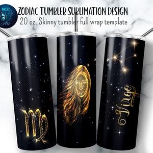 Virgo zodiac tumbler wrap. Gold zodiac symbols on black tumbler sublimation design. 20 oz skinny tumbler png file for download.