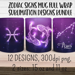 Zestaw kubków z nadrukowanymi znakami zodiaku. Pliki PNG do pobrania w pełnym opakowaniu kubka do kawy o pojemności 11 uncji i 15 uncji