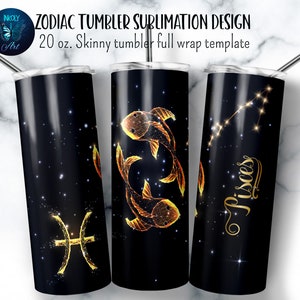 Pisces zodiac tumbler wrap. Gold zodiac symbols on black tumbler sublimation design. 20 oz skinny tumbler png file for download.