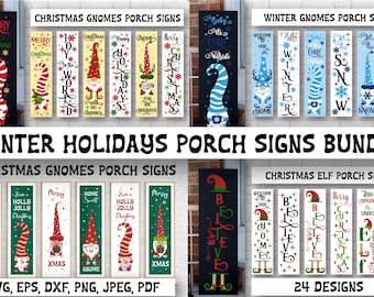 Christmas gnomes porch signs bundle. Winter gnome, elf, welcome door porch sign. Vertical signs SVG cut files for download.