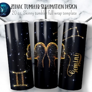 Gemini  zodiac tumbler wrap. Gold zodiac symbols on black tumbler sublimation design. 20 oz skinny tumbler png file for download.