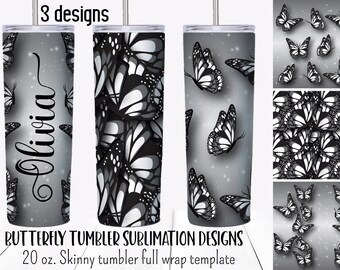 Gray  Butterfly  tumbler wrap, personalized tumbler sublimation designs,  20 oz skinny tumbler  full wrap template, monochrome butterfly png