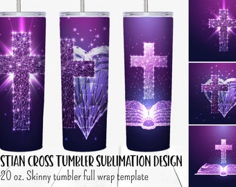 Christian cross purple tumbler sublimation designs. Cross and bible png.  20 oz straight and tapered skinny tumbler full wrap templates