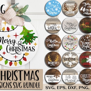 Christmas Round signs SVG bundle. 20 SVG holiday door hanger designs. Circle ornament sign SVG cut files