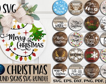 Christmas Round signs SVG bundle. 20 SVG holiday door hanger designs. Circle ornament sign SVG cut files