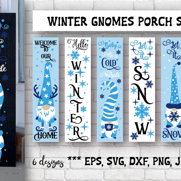 Winter Gnomes porch signs bundle. Vertical welcome door signs SVG cutting files.
