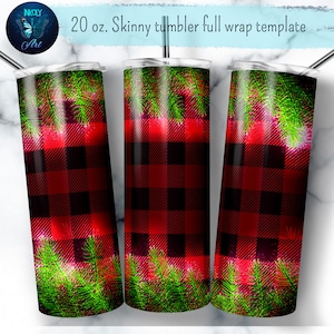 Christmas buffalo plaid seamless tumbler wrap, glowing Xmas tumbler sublimation, customizable tumbler design, 20 oz skinny digital png
