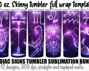 Zodiac signs tumbler sublimation designs bundle.  20 oz skinny tumbler  full wrap png templates