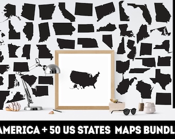 May include: A black and white image of a map of the United States and 50 individual state maps. The maps are displayed on a white background with a wooden frame and a desk lamp. The text "AMERICA + 50 US STATES MAPS BUNDLE" is at the bottom of the image. The image also includes the file formats available for download: SVG, EPS, PNG, JPG, DXF, and PDF.