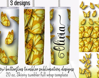 Yellow Butterfly  tumbler sublimation designs.  20 oz skinny tumbler  full wrap templates