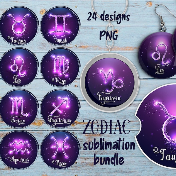 Zodiac signs round sublimation designs bundle. 24 png files.  Keyrings, car coasters, earrings png files for download.