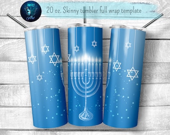 Hanukkah 20 oz skinny tumbler sublimation design. Blue Menorah, David star Jewish traditional holiday tumbler wrap. Png file for download.